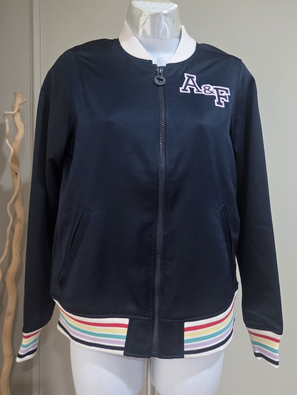 Abercrombie kids Navy Bomber Jacket with Rainbow Trim Sz.13-14